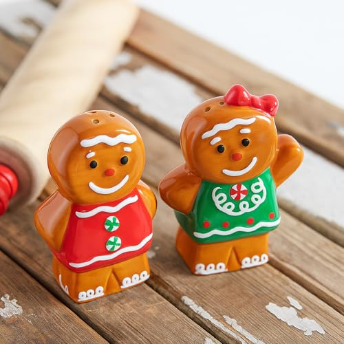 RimCereal 2 Pcs Shaped Salt and Pepper Shakers 3 Inch Ceramic Salt and Pepper Shakers Set for Holiday Indoor Kitchen Decorations (Brown,Christmas Gingerbread Man)