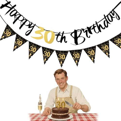 Deko 30. Geburtstag Männer Frauen,30 Geburtstag Deko,Happy 30 Birthday Girlande Banner Wimpelkette,Geburtstagsdeko Schwarz Gold,Geburtstagsbanner Wimpelgirlande Aufhängen für Hintergrund Partydeko
