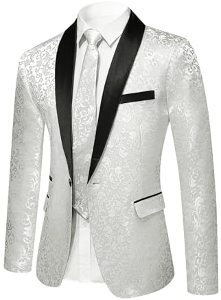YFFUSHI Blazer Homme Jacquard Paisley Veste de Costume 1 Bouton Smoking Cérémonie pour Mariage, Blanc, M