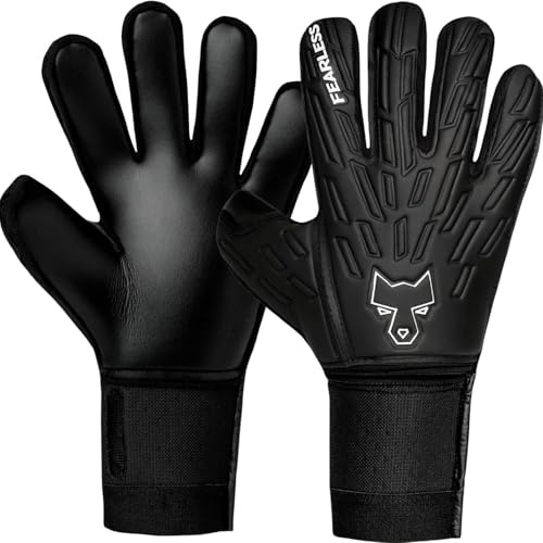 FEARLESS GOALKEEPERS Wolf V Onyx 2.0 Torwarthandschuhe mit Fingersave – Profi Fußball Torwarthandschuhe Kinder & Erwachsene, Rollfinger Schnitt, Starker Grip bei Regen, Herausnehmbare Schienen