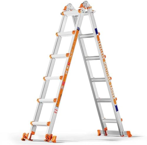 Moonlight Manor EIN Rahmen mit 6 Stufenleitern, eine 6 m Lange Schiebeleiter mit Stabilisator und Rädern, 150 kg Sicherheitslastleiter mit Mehreren Positionen für Treppen Home Indoor Outdoor Roof