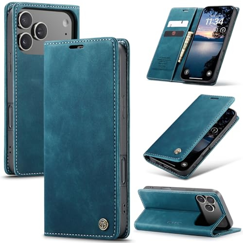 Azororo Handyhülle für iPhone 17 Pro Max 5G Hülle Premium Lederhülle Flip Case Magnet Tascher Kartenfach Standfunktion Klapphülle Schutzhülle für iPhone 17 Pro Max, Blaugrün