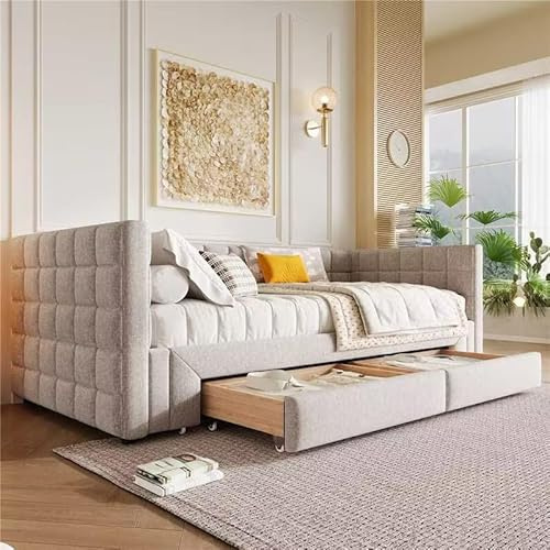 HESHU Tagesbett Ausziehbar Bett 90/180x200 mit 2 Schubladen, Schlafcouch Polsterbett Gästebett, Ausziehbar zum Doppelbett, Schlafsofa, ohne Matratze,Beige