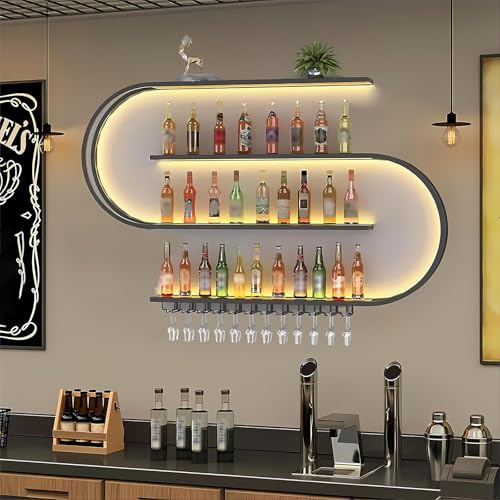 KEPMOGOH Botellero de Pared con portavasos, Estantería de Hierro de 4 Plantas, Soporte Flotante para exhibición de Vino, Estante de Botellas de Pared, para el hogar, Restaurante, Bares (Negro, 120cm)