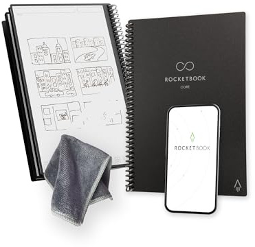 Rocketbook Core - Cuaderno reutilizable de espiral, formato 15 cm x 22,4 cm, negro – páginas punteadas, conectividad con la aplicación, borrable, cubierta resistente, ideal para la escuela, el trabajo