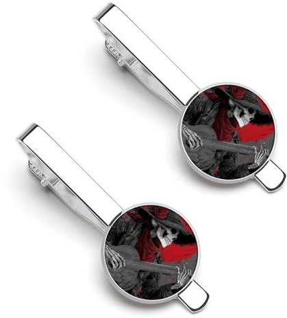 Day of Death Gothic Skeleton Playing Guitar 2Pcs Tie Clips for Men Tie Pins Women Necktie Pinch Bars Tacks Silver Jewellery