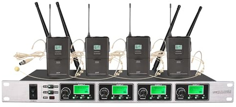 4 Channels Wireless Headset Microphone System for Stage Performance Schools Drama Theaters Churches, Adjustable Frequency, 19 Inch Rack Mountable