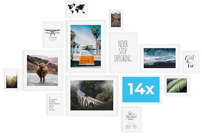 PHOTOLINI weiße Bilderrahmen Set verschiedene Größen, 14 Bilderrahmen weiß Holz MDF, Bilder Rahmen mit Acrylglas, Bilderrahmenset zum Aufhängen, Fotorahmen Set mit Zubehör für Fotos & Poster
