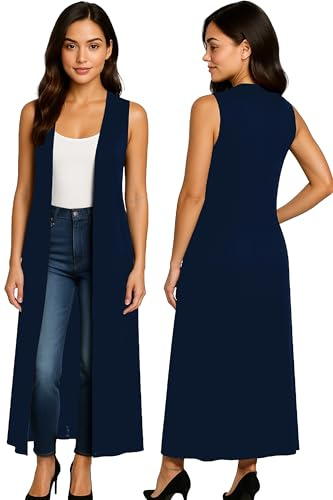 Re Tech UK Gilet Long - pour Femme - col/sans Manches - Style Boyfriend/léger - Bleu Marine - XL EU 44-46 (Grande Taille)