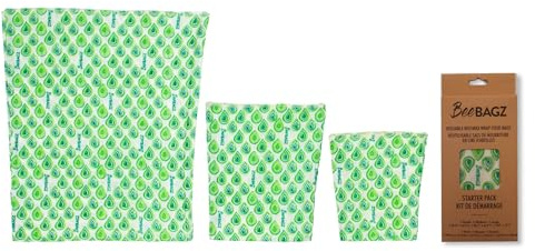 Beeswax Wrap Storage Bag by BeeBAGZ, Reusable Food Storage Bags, Pack of 3, Plastic Free Biodegradable Food Wrap Alternative, Starter Pack, 1 Small + 1 Medium + 1 Large, (Green)