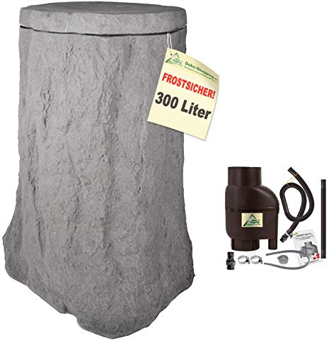 Regentonne, Regentonnen, Regenspeicher, Regenbehälter, Baum 300l grau mit Befüll- und Entnahme-Set braun FROSTSICHERES Regenfass Wassertonne mit Deckel und Wasserhahn DAS ORIGINAL!