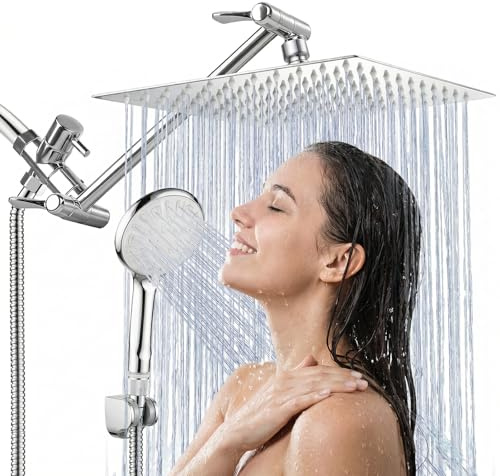 Shower Head, 8 Inch High Pressure Rainfall Shower Head/Handheld Shower Combo with 11 Inch Extension Arm, 9 Settings Adjustable Anti-leak Shower Head with Holder/Hose, Height/Angle Adjustable