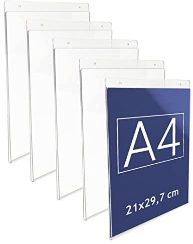 Danieli Store - Soporte de Pared de Metacrilato A4 Vertical para Carteles y Posteres. Expositor con Orificios para la Fijación Mural. Soporte de Acrílico Transparente para Avisos (5 unidades)
