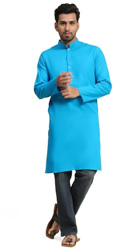 SKAVIJ Kurta Camicia - Camicia Tunica Casuale Cotone - Uomini Turchese_Large