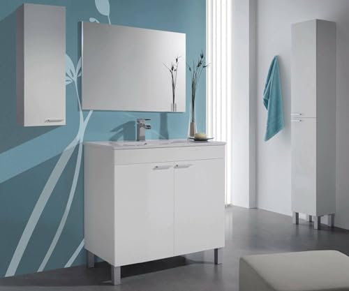 Dmora Mobile sottolavabo Augusta, Mobiletto per Bagno a 2 Ante, Armadietto da Terra con Specchio, 80x45h80 cm, Bianco