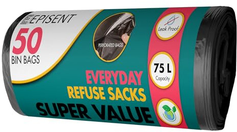 EPISENT 75L Heavy Duty Black Bin Bags – Extra Strong, Tear-Resistant, Earth-Friendly Bin Liners – Leak-Proof Refuse Sacks for Home, Kitchen, Garden, Commercial & Outdoor Use – Pack of 50