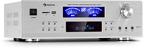 auna AMP 5100 BT 5.1 - Amplifier Verstärker, 2 x 120 Watt + 3 x 50 Watt RMS, Bluetooth-Funktion, USB-Port, SD-Slot, 2 Mikrofon-Anschlüsse, AUX-Eingang, 2 VU-Meter, weiß