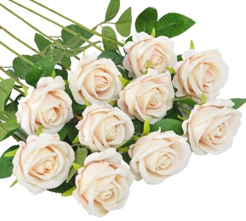 Huspox Fake Roses Artificial Flowers with Long Stem for Decoration Bouquet Wedding Floral Arrangement 10pcs (Champagne)
