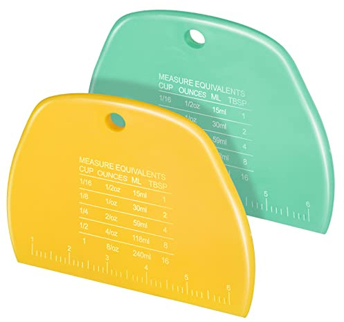 Teenitor 2 Pieces Dough Cutter, Bench Scraper Plastic, Sourdough Scraper, Dough Scraper with Measuring Scale, Multipurpose Food Scrapers for Dough, Cake, Bread, Icing Yellow and Green