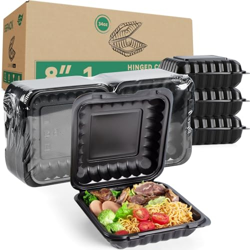 LEOBOX To Go Containers Mineral Filled PP Plastic - 8 Inch 34oz 55 Pack | Shrink Wrap BPA Free Takeout Boxes | Freezer & Microwave Safe for Food Delivery | Salad Breakfast Black Disposable Container