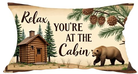 Cariwotan Brown Bear Trees Forest Relax You're at The Cabin Decorative Lumbar Pillowcase Throw Pillow Cover Case Chair Sofa Bed Home Decoration Cotton Linen Rectangular 12 x 20 Inches