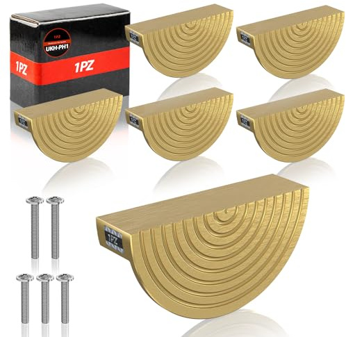 1PZ UKH-PH1 6 Pack Brushed Brass Gold Cabinet Handles 64mm Hole Center Drawers Cupboard Handles Gold Semicircle Pull Handles for Kitchen Bedroom Bathroom Furniture with Screws (Total Length 74mm)