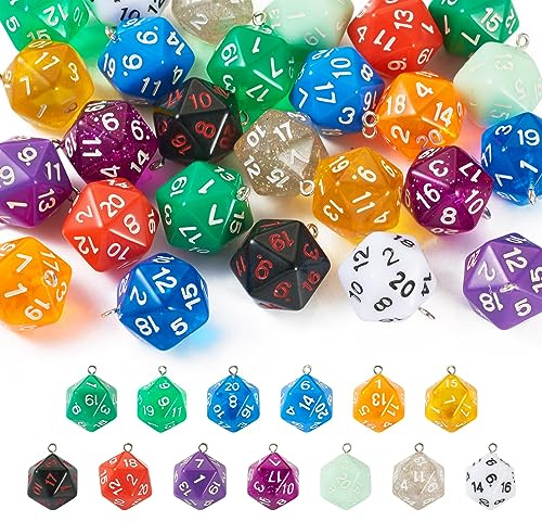 Spritewelry 20 Stück 3D-Anhänger mit 20-seitigen Würfeln, Kunstharz, polyedrische Würfel, bunt, facettiert, Spiel-Anhänger für DIY-Armbänder, Halsketten, Ohrringe, Schlüsselanhänger, Telefongehäuse