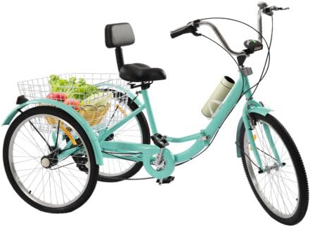 Awolsrgiop Dreirad für Erwachsene 24 Zoll Klappbar, 3 Räder 7 Gang Adult Fahrrad, Tricycle Mit LED Licht, Gemüsekorb, Becherhalter (Türkis)