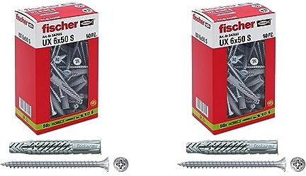 Fischer 542455 Dübel mit Schraube UX, grau, 6 x 50 mm, Set von 50 Stück (Packung mit 2)