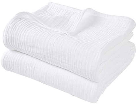 PHF Coperta in mussola di cotone, 220 x 240 cm, delicata sulla pelle e traspirante, per tutto l'anno, colore bianco