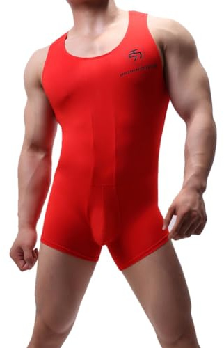 Juflam Herr modal bomull ett stycke bodysuit brottning singlet atletisk leotard underkläder gym sportkläder undertröja, röd, XL