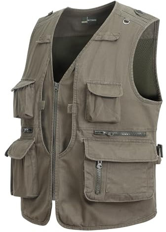 MeiLayM Herren Outdoor Weste Anglerweste mit Multi-Taschened Sommer Freizeit Baumwolle Weste Hundeweste Leicht Safari Weste Fotografie Weste Camping Wandern Ärmellos Jacke Armeegrün,M