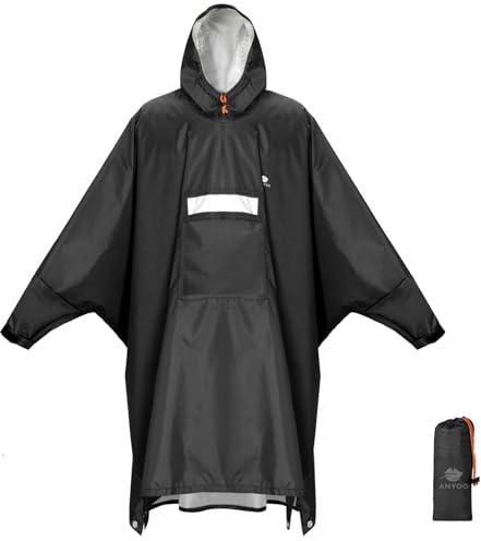 ANYOO Wasserdichter Regenponcho Winddichter Regenmantel mit Seitlichem Reißverschluss, Leichter Regenjacke mit Verstellbaren Ärmeln für Outdoor Wandern Radfahren, Einheitsgröße, Schwarz