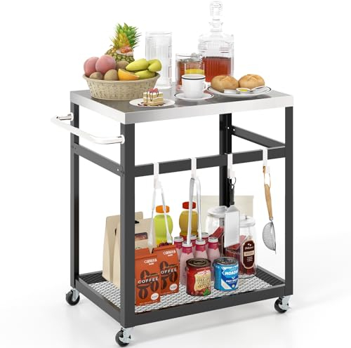 KOMFOTTEU Carrito de Servicio 2 Niveles con Ruedas, Carro Auxiliar con Encimera de Acero Inoxidable, Carro para Parrilla con 4 Ganchos, Mesa de Trabajo Industrial, 83,5 x 50,5 x 84,5 cm (2 Niveles)