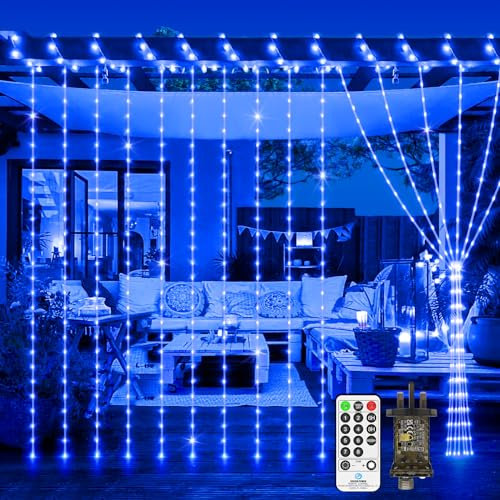 JXLEDAYY 300 LED Christmas Curtain Lights Indoor Outdoor, 3m x 3m Fairy Lights Plug in IP65 Waterproof Waterfall String Lights with Remote 8 Modes Timer for Room Garden Party Wedding Decorations-Blue