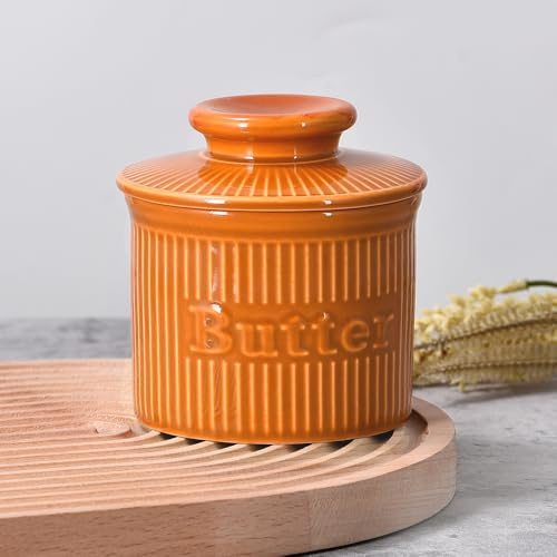 französische Butterglocke mit Deckel, Butterdose Keramik für frische weiche Butter, Porzellan Butterdose wassergekühlt, Vintage Buttertopf mit geprägter Wasserlinie,Geschenke für Frauen Männer, Weiß
