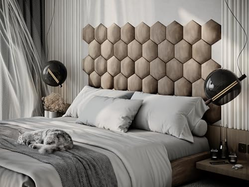 Lot de 4 Panneaux muraux décoratifs rembourrés en Velours pour tête de lit | Planches coussinées | Décor capitonné | Anti-Collision | Traitement insonorisant Acoustique | (Beige, 4xHexagon (25x25cm))