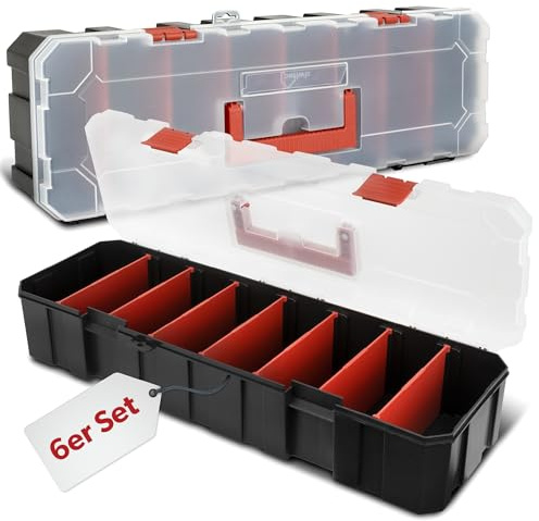 siwitec Lot de 6 boîtes de rangement avec 8 compartiments et 7 séparateurs réglables, boîte de rangement pour petites pièces, boîte de rangement pour petites pièces, en plastique, 450 x 150 x 90 mm