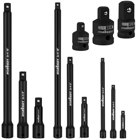 HORUSDY 12-Piece Driver Extension Bar Set Includes Socket Adapters, 1/4, 3/8, and 1/2 Drive, Tool Accessory Set, Socket Extension Bar, Heat-Treated CV-R Steel with Black Phosphate Finish