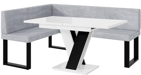MEBLINI Eckbank für Esszimmer mit ausziehbarem Tisch - Küchenbank - Essecke - Sitzecke Küche - Toni - U-Beine 128x168x87cm Links - Hellgrau Samt/M Weiß-Schwarz Hochgl.