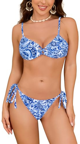 SHEKINI 2 Pieces Triangle Bikini Sets for Women Bikinis Cutout Swimsuits | Removable Padded, Adjustable Straps, Tie Sies Bottom, Floral Printed