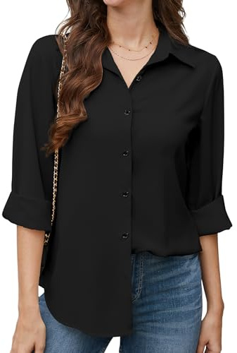 Stamain Camicia Nera Donna Elegante in Chiffon Camicetta a Maniche Lunghe Casual Ufficio Camicie Bottoni Tinta Unita XL