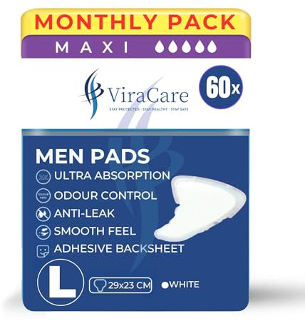 60 x Maxi Incontinence Pads Men | Adhesive Backsheet & Ultra Absorption | Mens Incontinence Pads | Pad for Men | Male Incontinence Pad | Size 29x23 cm | (3 Packs of 20)