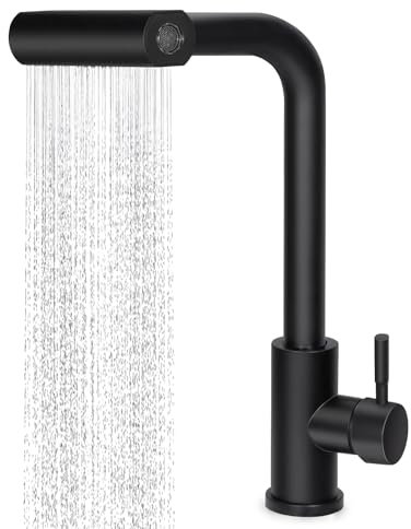 Virklyee Rubinetto a cascata da cucina estraibile Miscelatore da cucina con doccetta, Rubinetto cucina,Girevole a 360°,con 4 Tipi di Spruzzo,Calda e Fredda Regolabile(Nero)