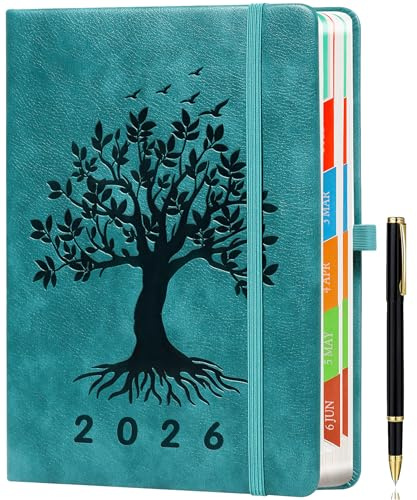 ZXHQ 2026 Diary A5 Page a Day, Jan-Dec, Diary 2026 Day Per Page, Full Year Daily Planner with Monthly Overview, UK Holiday, Colorful Tabs, Pen Set and Fine Inner Pocket, 5.9 × 8.5- SeaGreen