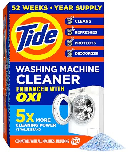 Tide Washing Machine Cleaner 52 Week Supply with Oxi for Front and Top Loader Washer Machines, Deep Cleaning Residue & Odor Eliminator, 12 Month Supply (Packaging May Vary)