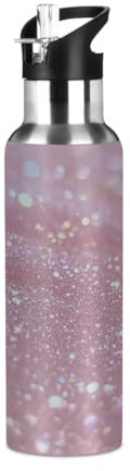 Woltant Bouteille d'eau isotherme en acier inoxydable avec paille - 600 ml - Motif paillettes - Rose