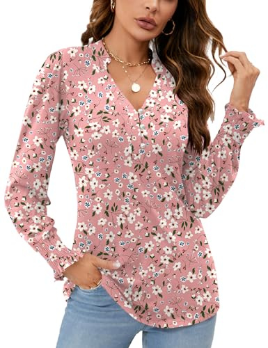 Rapbin Womens Tops & T-Shirts V Neck Puff Long Sleeve Blouses Ladies Button Down Tunic Casual Ruffles Cuffs Sleeve Shirts Pink White Floral L (UK 16-18)