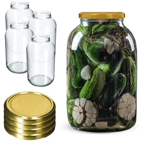 KADAX 4er Set Einmachgläser 4L mit TO100 Schraubdeckel Gold – Konservengläser für Gurken, Kombucha & Kimchi | Fermentieren, Einlegen & Einkochen