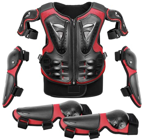 Barnmotorcykelskyddsdräkt för smutscykel med knä- och armbågsskydd, terrängryggskyddsjacka för barn 4-14 år för rullskridskoåkning, skidåkning, cykling,Red-One Size
